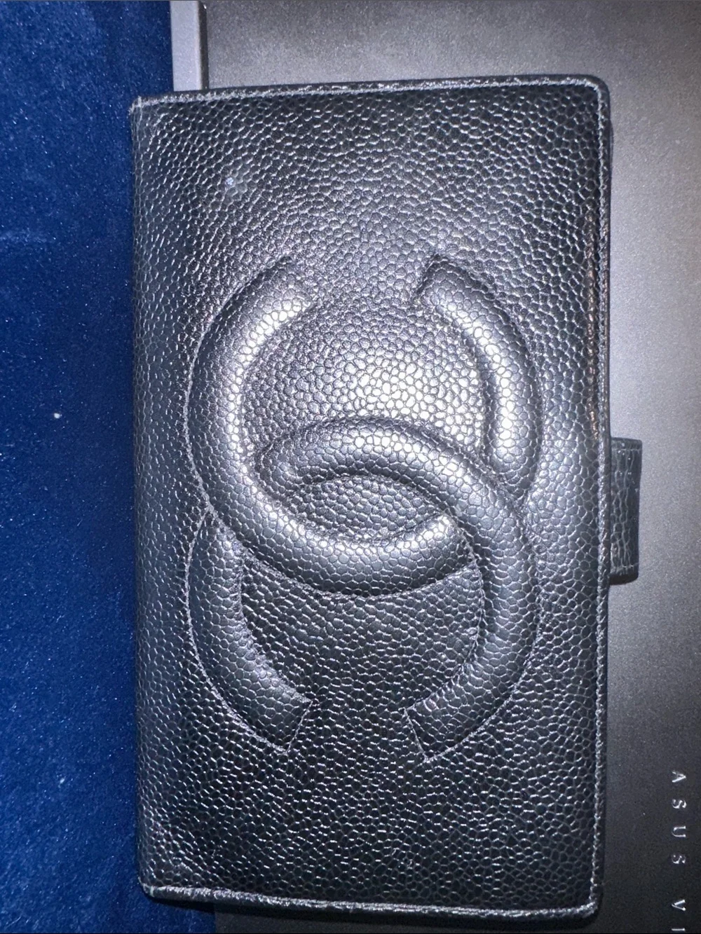 CHANEL Black Quilted Caviar Leather Wallet with Embossed CC